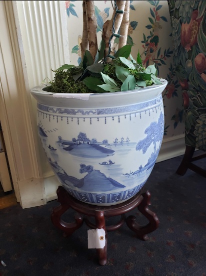 Oriental urn planter, blue/white with stand and fake plant