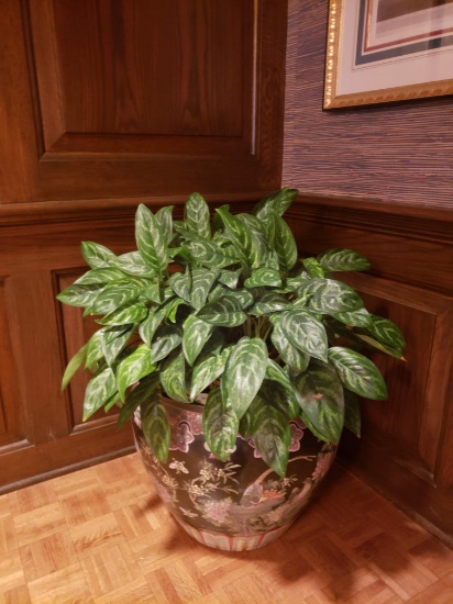 Oriental Urn Planter, black floral pattern