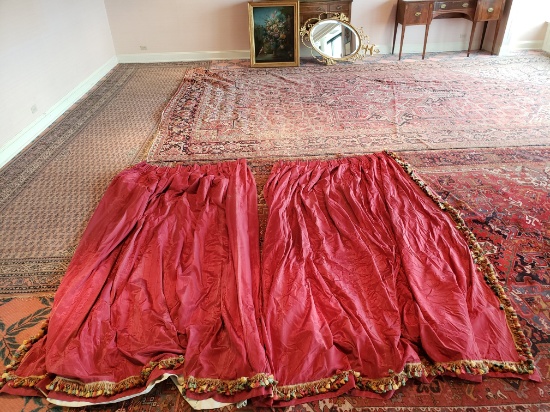 Collection of Red Damask curtains & valance with tassels from Library, 7 pcs, some need removal