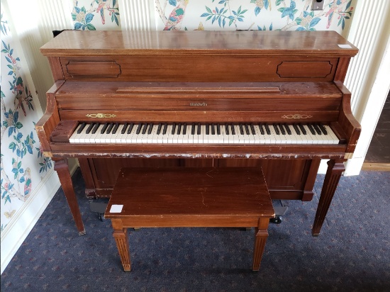 Baldwin Spinet Piano with bench and rolling cart, plays well, poor cosmetic condition