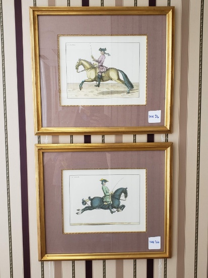 Framed French prints, man on horseback, rose matting , 1'9" x 1'7", Pair