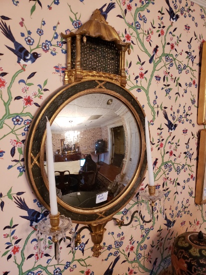 Mirror, Round Girandole Asian style, Pagoda at top , two candles, 3'1" x 1'9"
