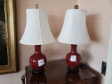 Small Oriental style red vase lamps, Pair