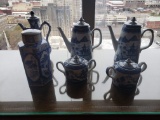 Collection of blue and white Oriental plates (3), sugar bowl (2), Incense urn
