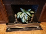 Brass fire fender and two andirons