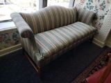 Loveseat, single cushion, green damask upholstery, some fading, 6'4