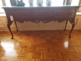 Sideboard, Mahogany, three drawer Queen Anne legs, glass top, 5'8