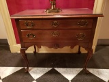 Hall Table, 2 drawer Mahogany, glass top, Queen Anne style 2'11