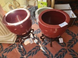 Oriental planter urn, dark red, with stand