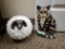 Hand Enameled Cast Iron Doorstop, Brown/Tan Cat AND Porcelain Sheep Figure