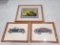 Set of 3 Early Automotive Framed Items - Indianapolis Commemorative Stamp, Two Early Chevrolets