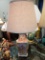 Antique Oriental Vase Lamp Conversion, Ornate Pattern with Hunt Scene, Wood Base, Working