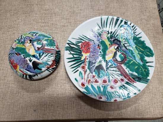 Platter & Covered Bowl with Parrot Motif, Marked "China Trader - Not for Food Use"