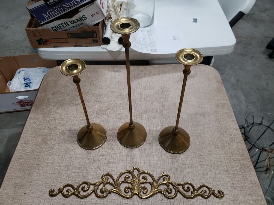 Three Brass Candlesticks and Decorative Brass Scrollwork, Marked Made in India for Liards, Ltd.