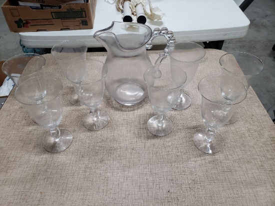 Set of Eight Stemmed Water Glasses and Pitcher, Decorative Handle & Stems