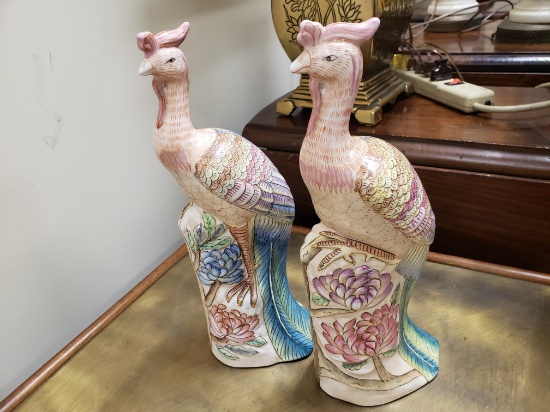 Pair of Porcelain Roosters on Floral Perches, Asian or Asian Influence, unmarked but ca. 1940s-50s