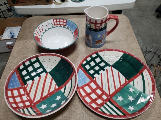 Collection of Four Christmas Themed Serving Pieces - Pitcher, 2 Large Bowls, Platter and 10 Plates