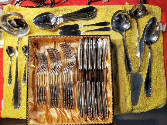 WMF 90 GERMAN ART NOUVEAU SILVER PLATE CUTLERY & SERVING W/TRAY 45 PC POLISHED