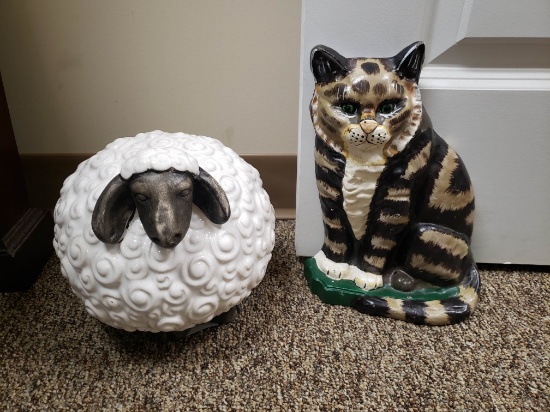 Hand Enameled Cast Iron Doorstop, Brown/Tan Cat AND Porcelain Sheep Figure