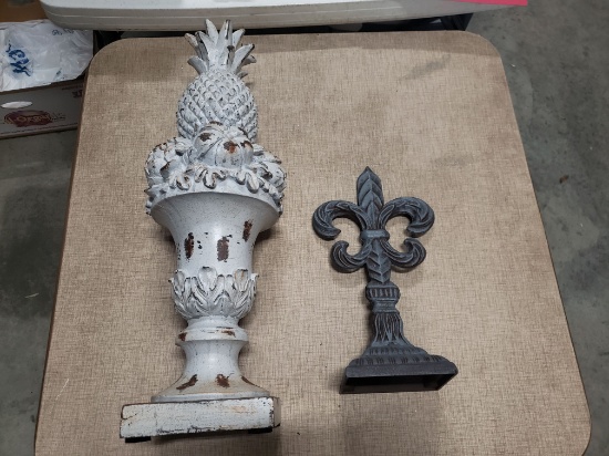Two Decorative Table Stands, Pineapple and Cast Iron Fleur de Lis