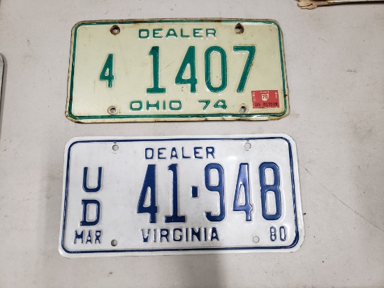 Two Vintage Dealer Plates, 1974 Ohio and 1980 Virginia, unrestored