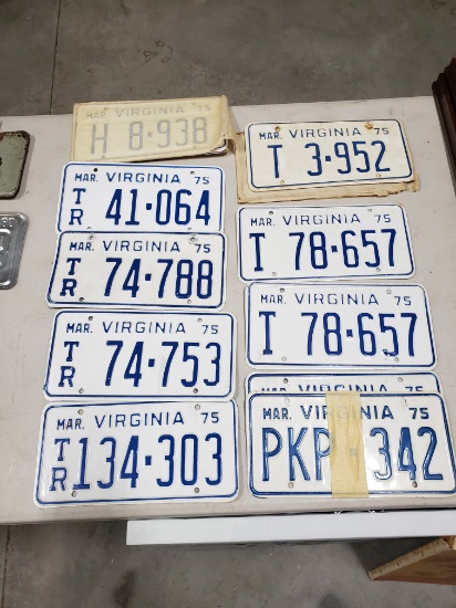 Lot of 12 1975-later Virginia Car, Truck, Trailer License Plates, all turn-ins to a dealer in period