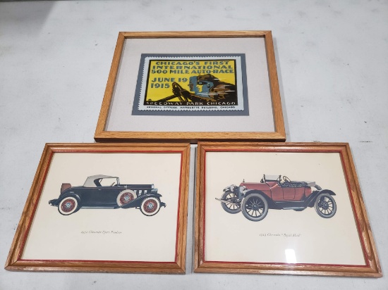 Set of 3 Early Automotive Framed Items - Indianapolis Commemorative Stamp, Two Early Chevrolets