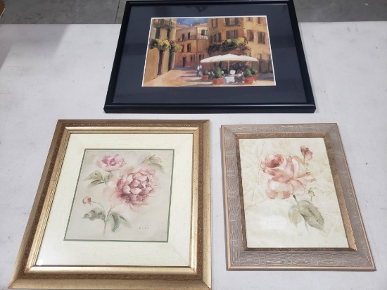 Lot of 3 Decorator Prints, 'Plum' and 'Rose' Flowers, Italian Street Bistro Scene in Black Frame