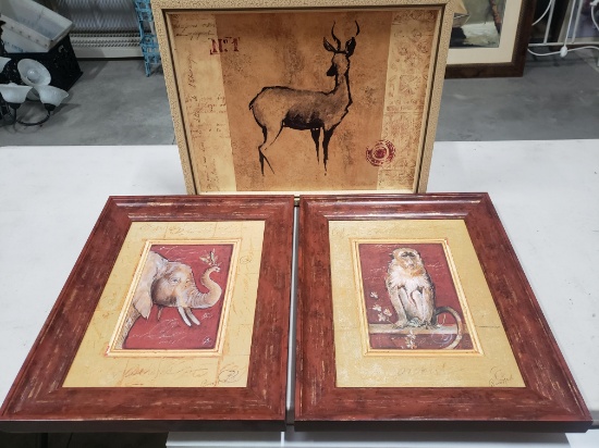 Lot of 3 Decorator Animal Prints, Antelope, Monkey, Elephant, with faux finish and signatures