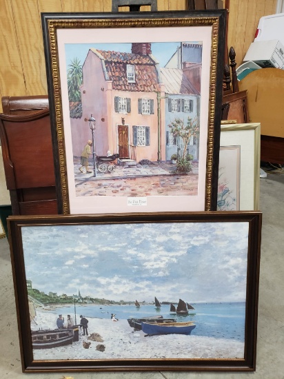 Two Large Professionally Framed Posters, Pink House, Charleston 32" x 25" / Fishermen on a Beach