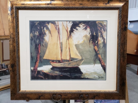 Large Framed/Matted Print of Sailboat, possibly hand-signed "Pawla", 43" x 37"