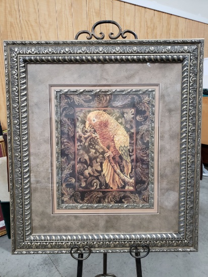 Large Decoratively Framed & Matted Print of Parrot on Branch, 37.5" x 33.5"