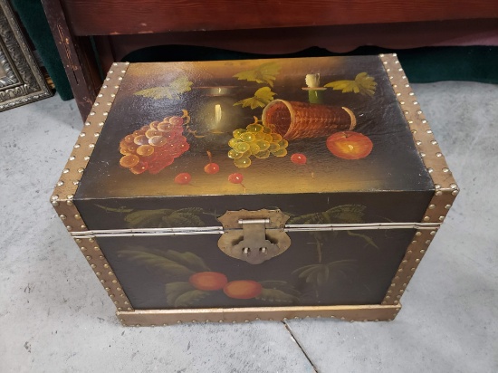 Small Decorative Chest with Riveted Banding, Appears Hand-Painted, Black Lacquer Inside
