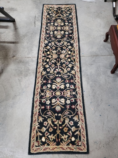 Plush Wool Floral Runner Rug, deep blue/green with tan/red/white accents, good quality, 7'4" x 1'11"