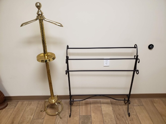Collection of Items: Gentleman's Valet in Brass and Brown Light Iron Blanket Rack