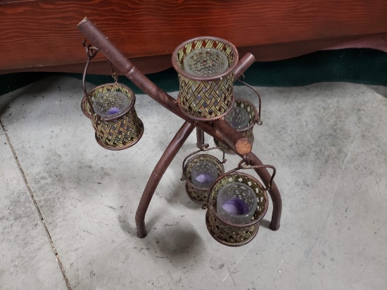 Decorative Bamboo Style Stand with 5 Tiki Cafe Candle Holders