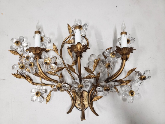Three Light Wall Sconce/Candelabra, Brass/Copper Color with Crystal Flowers, Hardwired