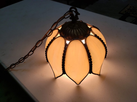 Brass/Milk Glass Hanging Light Fixture, Long Chain and Corded Switch, Plug-In, Working