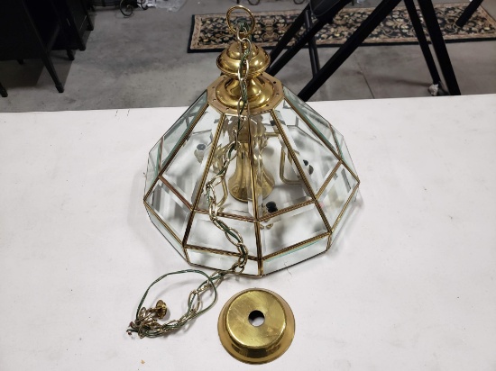Vintage Nu-Tone 6 Lamp Leaded Glass/Brass Hanging Hall Lamp or Chandelier, Hardwired