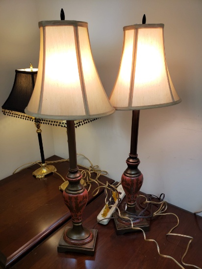 Vase Style Table Lamps, Pair, Red/Rubbed Bronze Floral Patterns, Contemporary, working