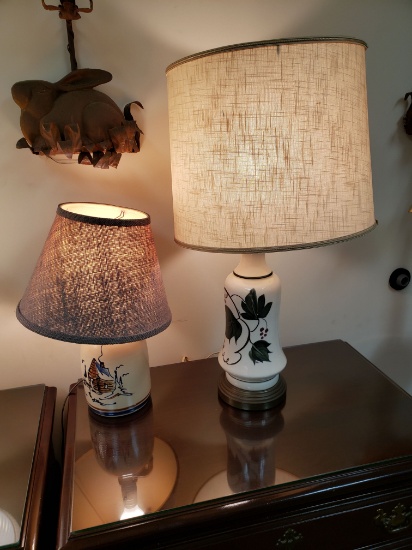 Two Porcelain Table Lamps, One Jug Style, One Vase Style with Holly Decoration