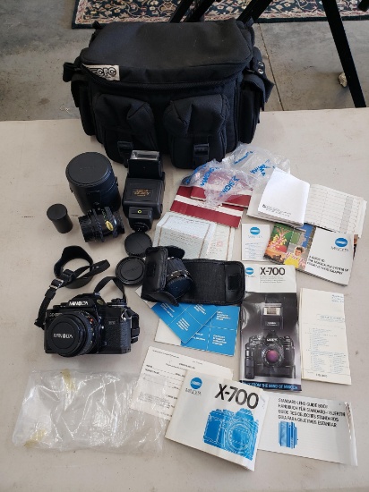 Minolta X700 SLR Camera Rig, 3 lenses, Sunpak Flash, Padded Case, Manuals, Records & More