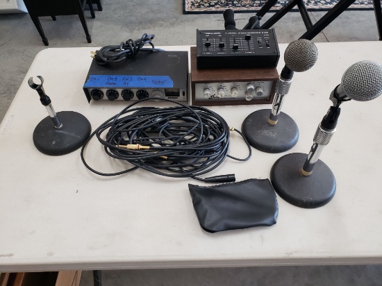 Collection of Microphones (2), Table Stands (3), Small Mixers (3) and Cabling - Shure & Others