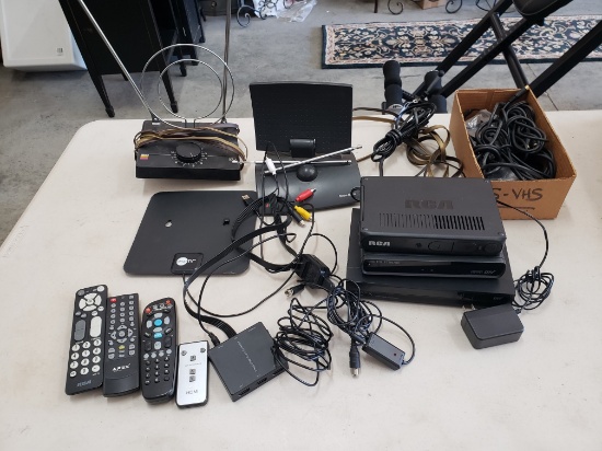 Collection of TV Antennae, Cables, Digital Tuner Boxes, Remote Controls and Miscellany
