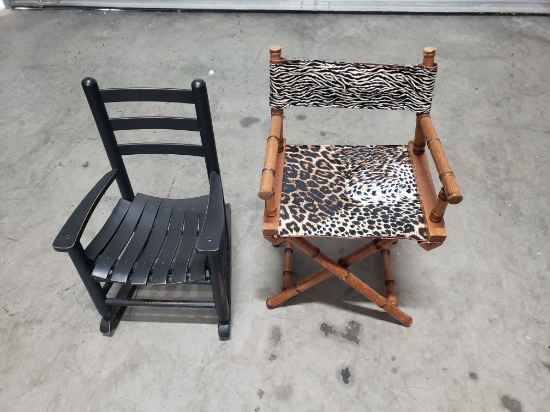 Two Children's Chairs - One Vintage Director Chair, One Black Rocker