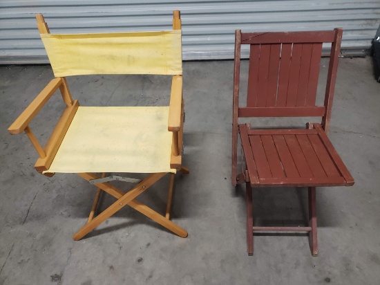 Antique Folding Stadium Chair Painted Red and Yellow Fabric Director Folding Chair