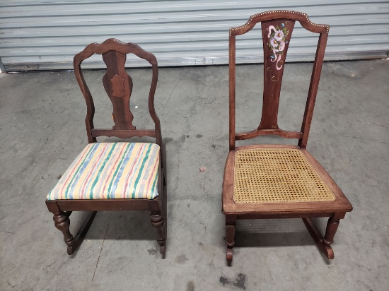Two Small Rocking Chairs, One Cane Seat with Hand-Painted Details, one Fiddleback with Upholstery