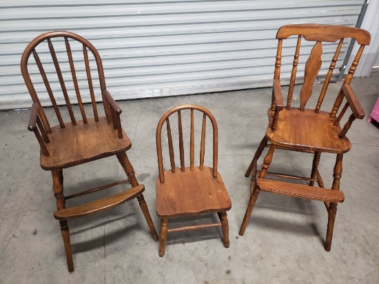 Two Antique High Chairs and One Matching Barrel Back Child's Chair, Handmade, Oak and Maple