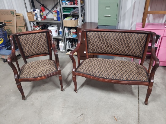 Antique Bentwood Settee and Matching Chair, on Wood Casters, Possibly European & Original Upholstery