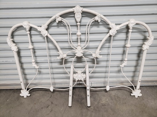 Full Size Bed Headboard, White Metal, Cast Iron Accents, Small End Legs - We May Have Rails